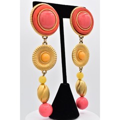 Vintage Statement Dangle Earrings Coral Orange Brushed Gold Beaded Chunky BinBK