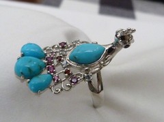 DESIGNER NK STERLING SILVER TURQUOISE PINK TOURMALINE BLUE TOPAZ PEACOCK RING 9