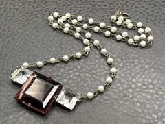 Vintage Art Deco Pearl & Purple Glass Pendant Necklace 925 Silver Clasp READ