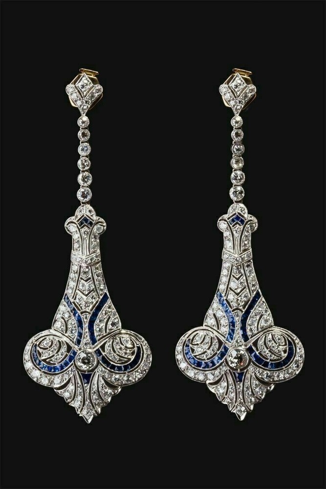 5.2Ct Art Deco Victorian Style Diamond & Sapphire Drop Dangle 925 Silver Earring