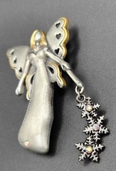 Vintage DD Signed Imagine Winter Fairy Angel Brooch Two Tone Pewter AB…