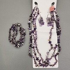 Amethyst Necklace Bracelet Pierced Earrings Set Purple Stone Layered JTV 20″