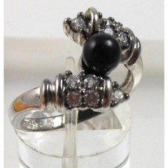 Vintage 90s Black Onyx Bead Bypass Ring 925 Sterling Silver CZ Size 8 15mm Wide