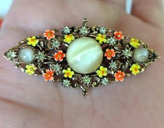 Vintage 50s Signed ART Brooch Enamel Flowers Rhinestones Central Cabochon Stone