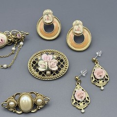 Vintage 1928 Jewelry Lot Ceramic Rose Flower Rhinestone Victorian Faux Pearl
