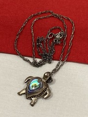 Vintage 925 Sterling Silver Abalone Heart Turtle Pendant & Chain Necklace 18.5”
