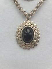 Silver tone Cabochon Onyx Necklace And Pierced Earrings
