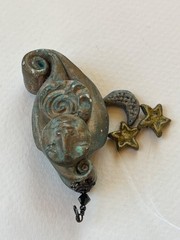 Handmade Green & Gold Polymer Clay Celestial Face & Star & Moon Charms Pendant –