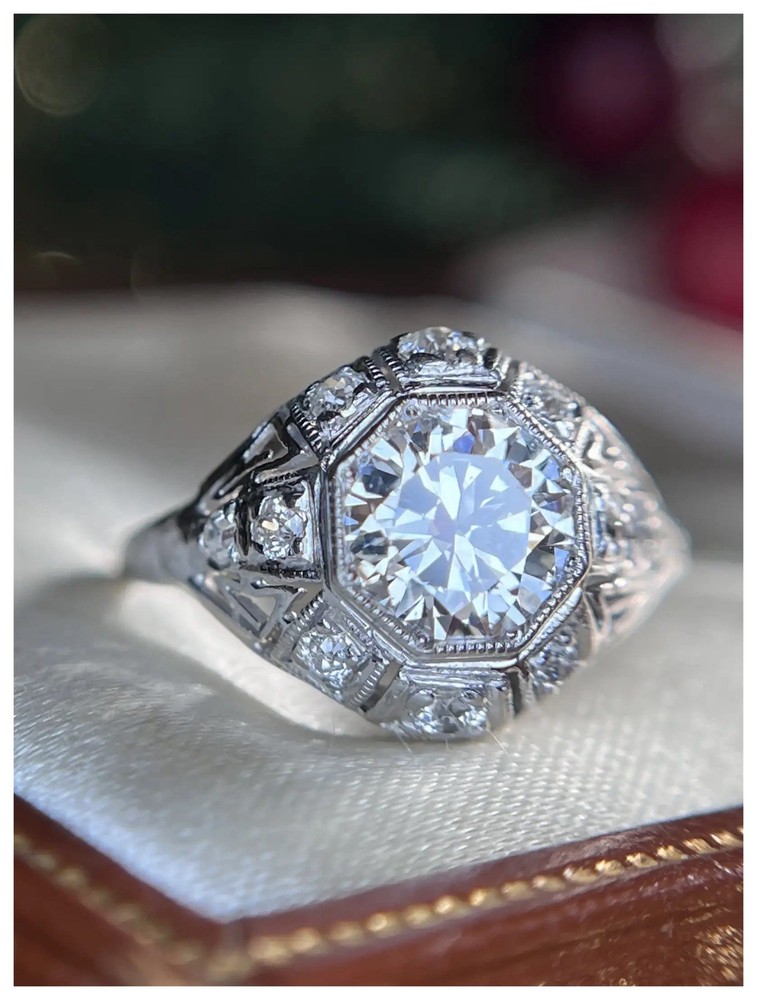 Art Deco Diamond Engagement Ring 14k White Gold