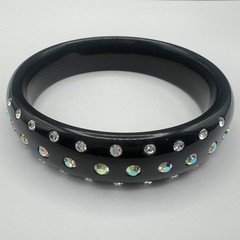 Vintage Black Acrylic Lucite AB Rhinestones Domed Bangle Bracelet Size 8″