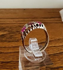 Antique 1911 Edwardian 9K Gold 3 Pink Tourmaline & 4 Old Cut Diamond Ring sz 7