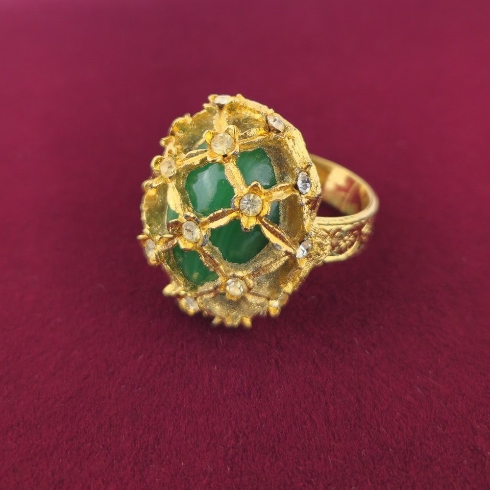 Vintage Green Glass Dome Ring Gold Tone Rhinestone Lattice Cocktail