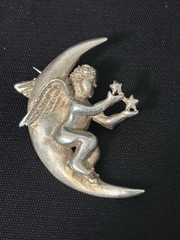 Vintage Sterling Silver Brooch Pendant Cherub Crescent Moon Celestial 8g 1.5”