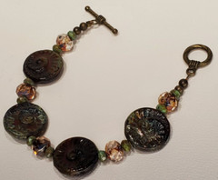 VTG Colorful Glass Beads Brass Toggle Bracelet Boho Art Glass Ammonite Fossils