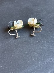 Real Seashell Flower Earrings Vintage White and Black Shells Screw Back Closure