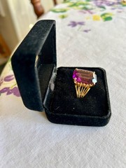 Vintage 1970s Stamped 18K H.G.E. Faux Amethyst Cocktail Ring Size 9