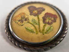 Antique Victorian Embroidered Silk Pansy Brooch Glass Dome Silver Tone Rope