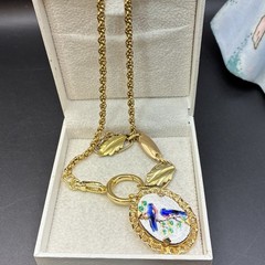 Vintage 12k Gold Filled Pocket Watch Chain FOB, Dog Clip, Guilloche Bluebird