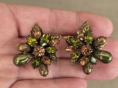 RARE Vtg REGENCY Moss, Topaz & Olivine Flower Designer Brooch & Earring Set!