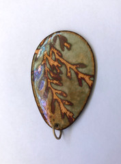Copper & Rust Fern Leaf Stems on Tan/Green Enamel over Copper Oval MCM Pendant