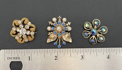 Vintage Lot Of 3 AB Aurora Borealis Rhinestone Gold Tone Pin Brooch Small Flower