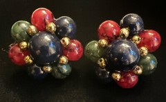 Vintage Multicolor Beaded Cluster Stud Earrings Red Green Navy Goldtone
