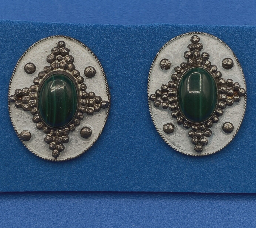 vtg EARRINGS pierced Sterling Silver green Malachite white enamel Southwestern