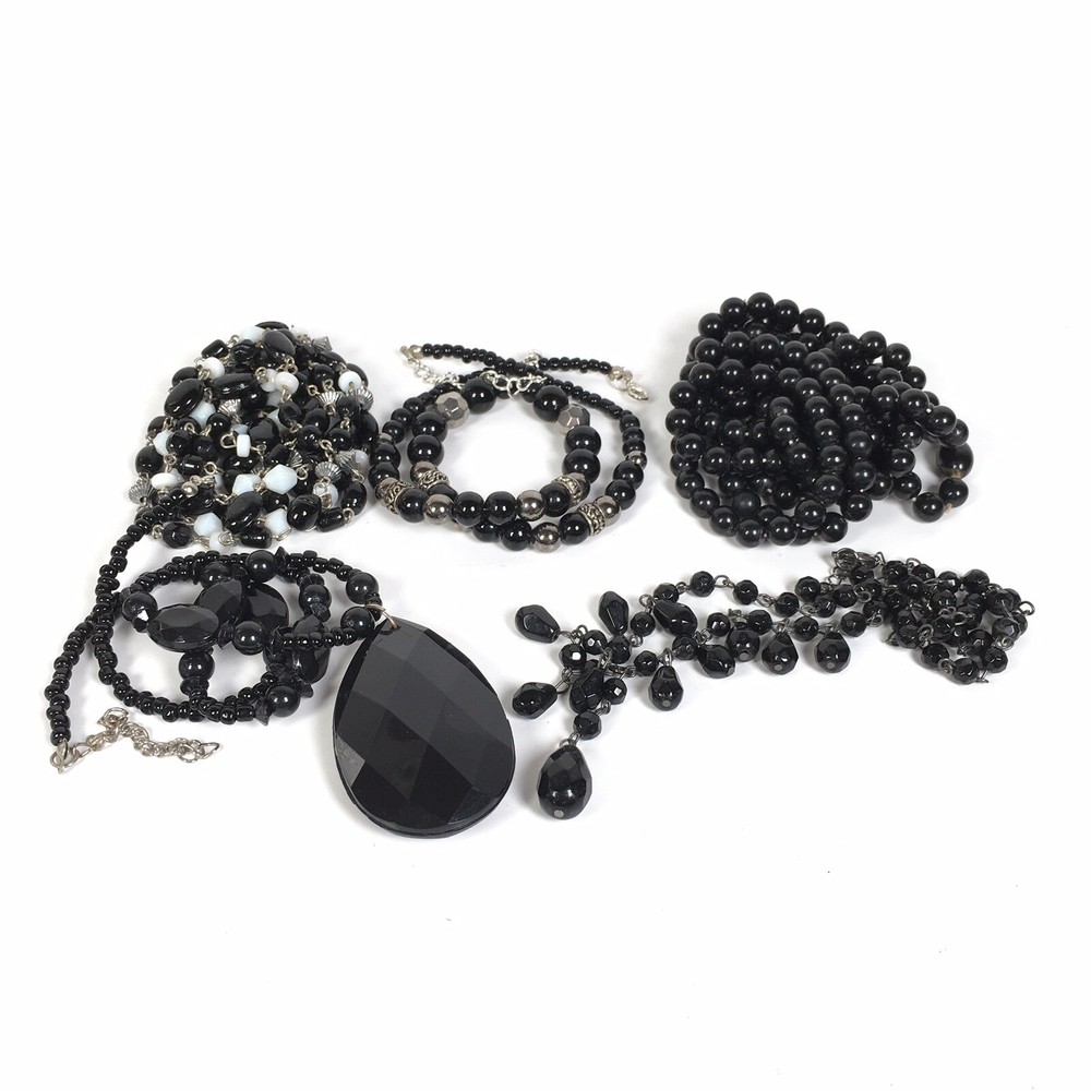 Lot of 5 Black Necklaces Some Vintage Glass Plastic Silver Tone Metal