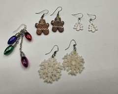Vintage Christmas Themed Holiday Earrings Gingerbread Man Snow Flake Lot Y2K Era