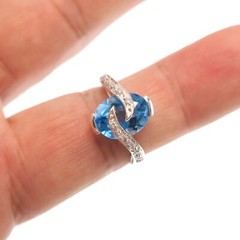 14k Solid White Gold Natural Blue Topaz and Diamond Over the Top Ring Size 6.75