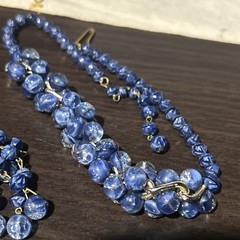 VINTAGE SET WEST GERMANY ART GLASS BLUE LAPIS WATERFALL EARRINGS NECKLACE