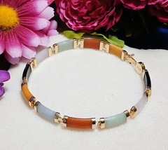 Vintage SOLID 14KT Gold Multi Color Jadeite Jade 11-Panel Link Bracelet~ 8-1/4″