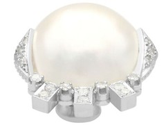 Vintage Art Deco Style Mabe Pearl & Diamond 9k White Gold Earrings