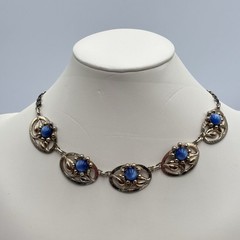 COROCRAFT Sterling Silver Blue Moonstone Rhinestone Flower Chocker Necklace 15.5