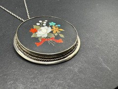 Antique Sterling Pietra Dura Pendant/Chain Floral Mosiac