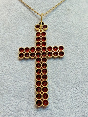 Antique Art Deco Gild Gold Table Cut Bohemian Garnets Cross Neck Pendant 2.75”