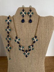 Vtg Avon JJH Blue Green Cabochon Clear Rhinestone Necklace Bracelet Earrings Set