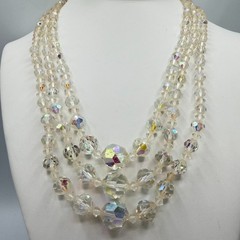 Vintage Triple Strand Cut Glass Crystal Necklace Adjustable Length ca 1950s