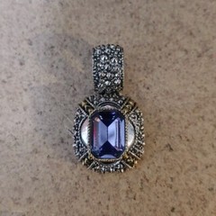 Emerald Cut Purple Glass Stone Pendant Silver tone Gold Accent Pearl Enhancer