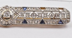 Antique 18ct Platinum Top Mined Diamond & Sapphire Art Deco Bar Pin circa 1920