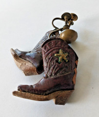 Vintage Brown Cowboy Leather Boots/ Wood Heels Screw Back Earring Made In Mexico
