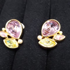 Swarovski Swan Gold Tone Lavender Yellow Pink Crystal Earrings Clip-On