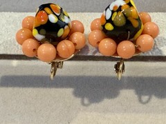 Vintage Murano Style Hand Painted Art Wire Beaded Earrings Colorful Button Coral