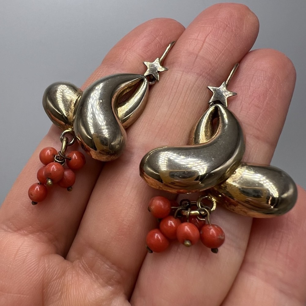 Old Vintage Gilt Silver 800 Women Jewelry Drop Earrings Natural Red Coral Stone