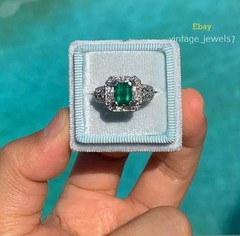 2CT Emerald Cut Real Emerald Art Deco Vintage Halo Wedding Ring 14K Gold Over