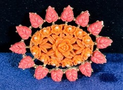 Vintage Pink Orange Carved Thermoset Brooch Gold Tone Back Faux Pearls