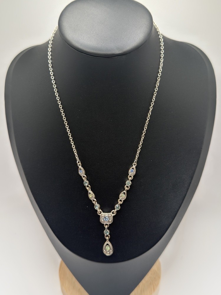 Vintage Inspired Statement Necklace Silver Blue Green Gemstone Teardrop Pendant