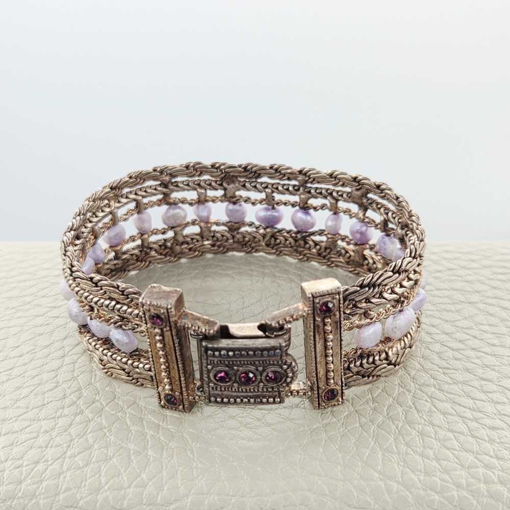 Vintage Multi Strand Bracelet Purple Bead Rhinestone Slide Clasp Antiqued Tone