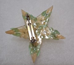 Vtg Star Shape Brooch Floral Motif Cream Green Seashells Rhinestone 1950s-1970s