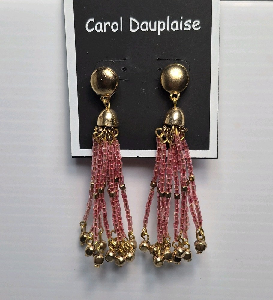 Carol Dauplaise Gold-tone Pink Beaded Fringe Tassel Drop Dangle Pierced Earrings